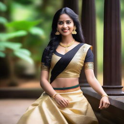 A beautiful Kerala woman with black hair, gracefully showing her traditional attire