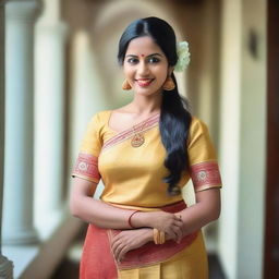 A beautiful Kerala woman with black hair, gracefully showing her traditional attire