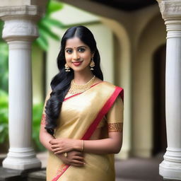 A beautiful Kerala woman with black hair, gracefully showing her traditional attire