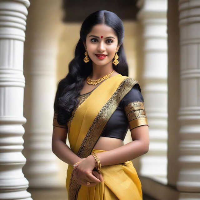 A beautiful Kerala woman with black hair, gracefully showing her traditional attire