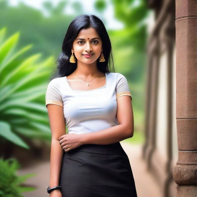 A Kerala woman with black hair, wearing a short skirt