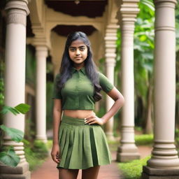 A teenage girl from Kerala wearing a fashionable mini skirt, standing in a scenic background with lush greenery and traditional Kerala architecture