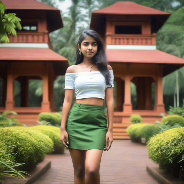 A teenage girl from Kerala wearing a fashionable mini skirt, standing in a scenic background with lush greenery and traditional Kerala architecture