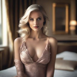 A beautiful blonde woman with a seductive and sexy appearance, dressed in elegant and stylish clothing