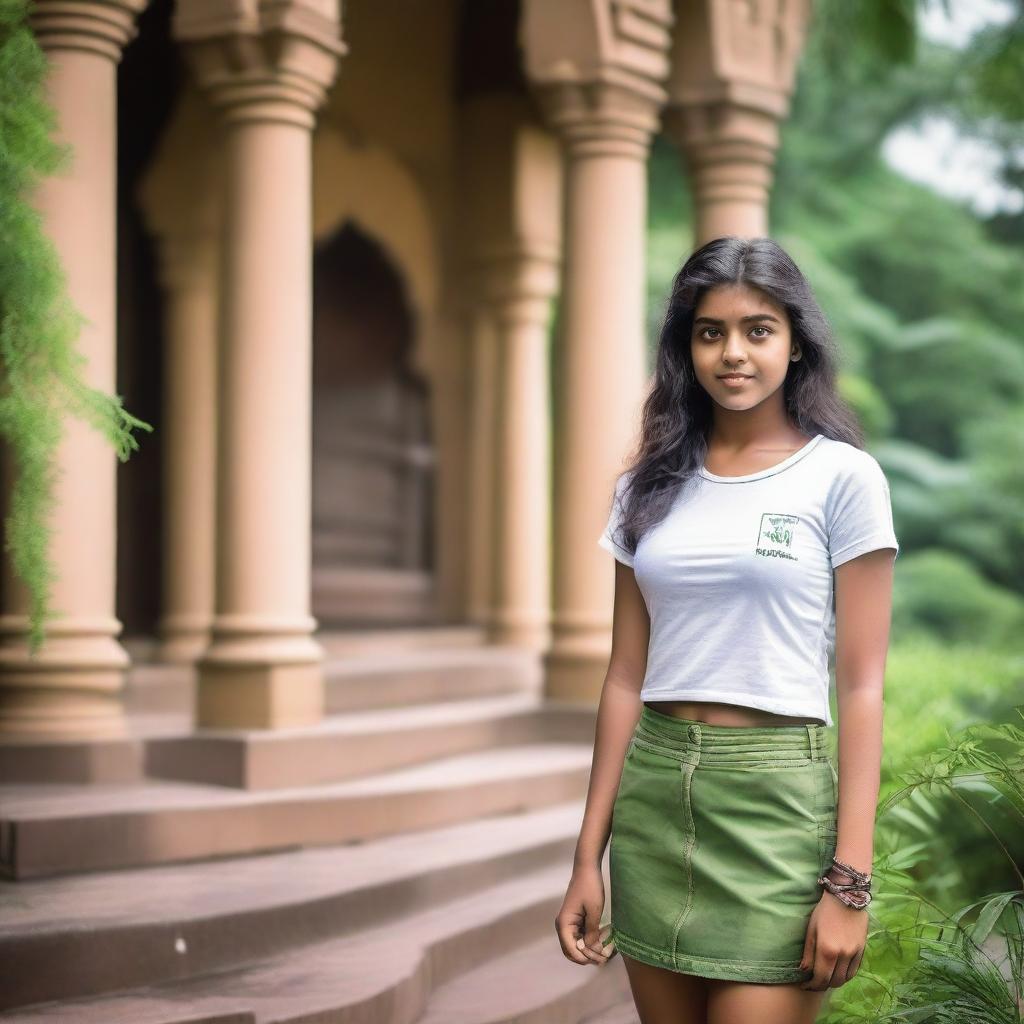 A teenage girl from Kerala wearing a micro mini skirt and a small t-shirt