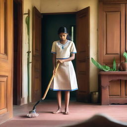 A teenage girl from Kerala is cleaning her house