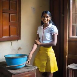 A teenage girl from Kerala is cleaning her house