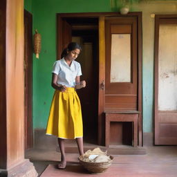 A teenage girl from Kerala is cleaning her house