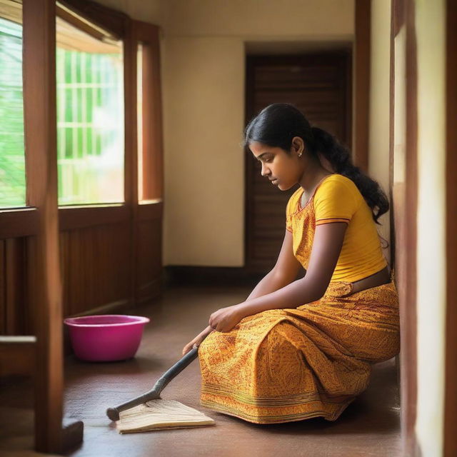 A teenage girl from Kerala is cleaning her house