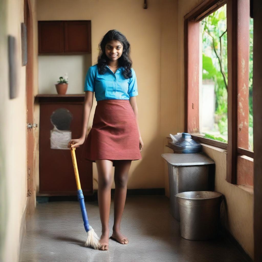 A teenage girl from Kerala is wearing a glamorous outfit, including a short mini micro skirt, while cleaning her house