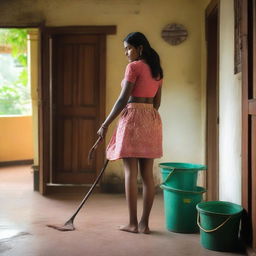 A teenage girl from Kerala is wearing a glamorous outfit, including a short mini micro skirt, while cleaning her house