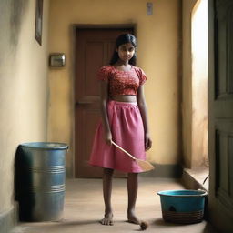 A teenage girl from Kerala is wearing a glamorous outfit, including a short mini micro skirt, while cleaning her house