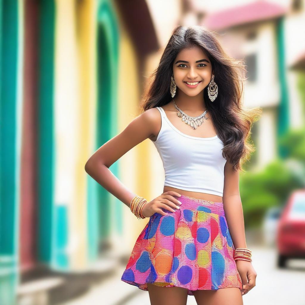 A glamorous Indian teenage girl wearing a stylish short skirt, posing confidently