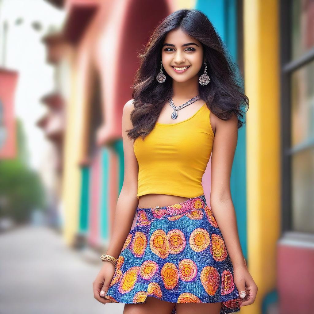 A glamorous Indian teenage girl wearing a stylish short skirt, posing confidently