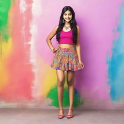 A glamorous Indian teenage girl wearing a stylish short skirt, posing confidently