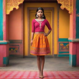 A young Indian Hindu girl wearing a short skirt, standing in a vibrant, culturally rich background