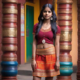 A young Indian Hindu girl wearing a short skirt, standing in a vibrant, culturally rich background