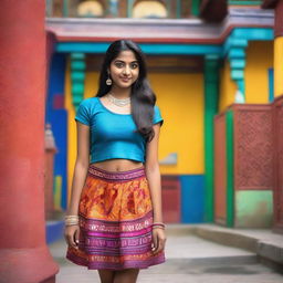 A young Indian Hindu girl wearing a short skirt, standing in a vibrant, culturally rich background