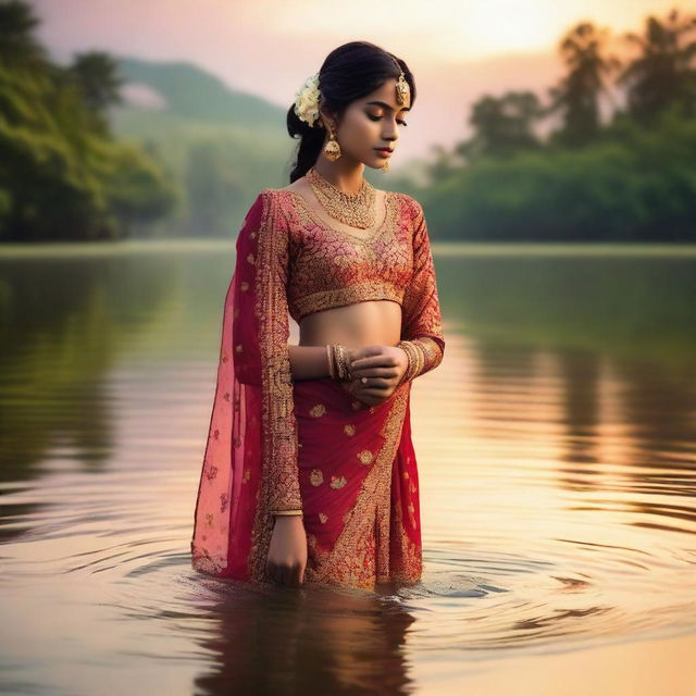 A glamorous Indian teen girl standing in water, wearing traditional attire with intricate designs