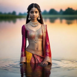 A glamorous Indian teen girl standing in water, wearing traditional attire with intricate designs