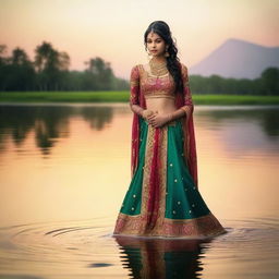 A glamorous Indian teen girl standing in water, wearing traditional attire with intricate designs