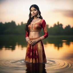 A glamorous Indian teen girl standing in water, wearing traditional attire with intricate designs