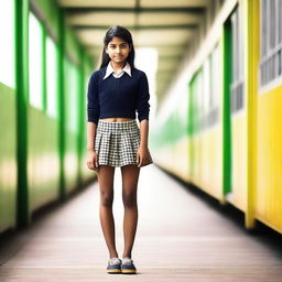 A glamorous Indian teenage girl wearing a fashionable, short skirt in a school setting