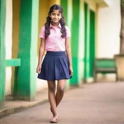 A glamorous teenage girl from Kerala wearing a fashionable short skirt in a school setting