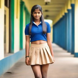 A glamorous teenage girl from Kerala wearing a fashionable short skirt in a school setting