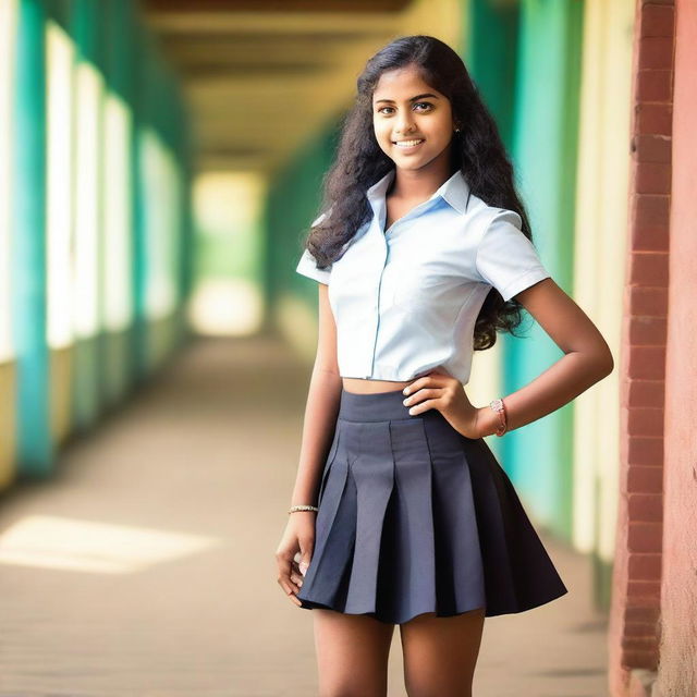 A glamorous teenage girl from Kerala wearing a fashionable short skirt in a school setting