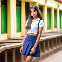 A glamorous teenage girl from Kerala wearing a fashionable short skirt in a school setting