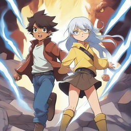 A brown-skinned manga girl with brown hair and yellow safety glasses holds her blue-eyed, white-haired brother