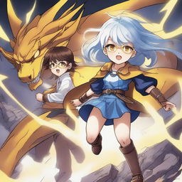 A brown-skinned manga girl with brown hair and yellow safety glasses holds her blue-eyed, white-haired brother