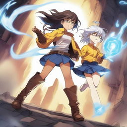 A brown-skinned manga girl with brown hair and yellow safety glasses holds her blue-eyed, white-haired brother