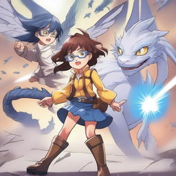 A brown-skinned manga girl with brown hair and yellow safety glasses, wearing legendary golden lightning boots, holds her blue-eyed, white-haired brother