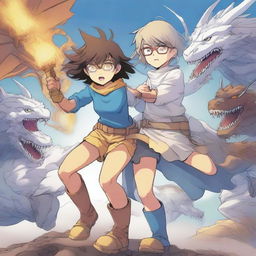 A brown-skinned manga girl with brown hair and yellow safety glasses, wearing legendary golden lightning boots, holds her blue-eyed, white-haired brother