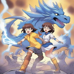 A brown-skinned manga girl with brown hair and yellow safety glasses, wearing legendary golden lightning boots, holds her blue-eyed, white-haired brother