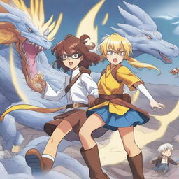 A brown-skinned manga girl with brown hair and yellow safety glasses, wearing legendary golden lightning boots, holds her blue-eyed, white-haired brother