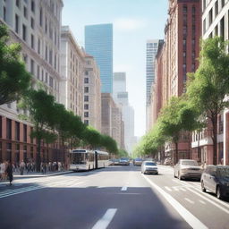 Create a detailed render of a bustling avenue