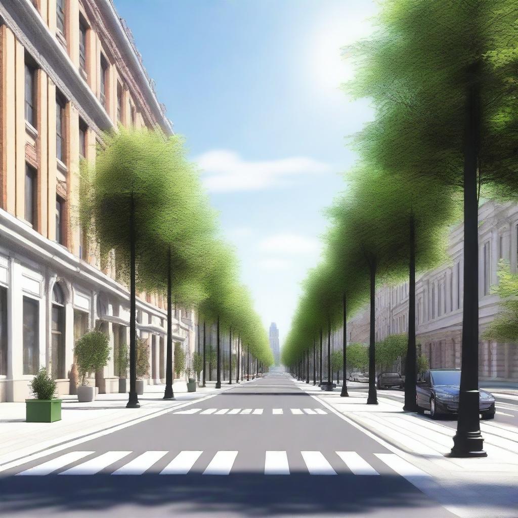 Create a detailed render of a quiet avenue with few pedestrians and minimal traffic