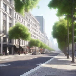 Create a detailed render of a quiet avenue with few pedestrians and minimal traffic