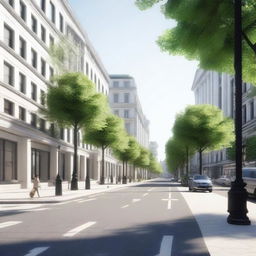 Create a detailed render of a quiet avenue with few pedestrians and minimal traffic