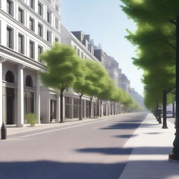 Create a detailed render of a quiet avenue with few pedestrians and minimal traffic