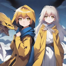 A light brown-skinned manga girl with yellow eyes and a long yellow raincoat is holding her white-haired and blue-eyed brother