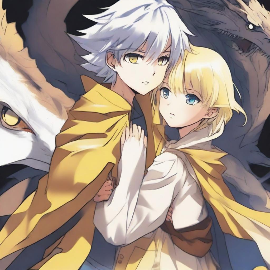 A light brown-skinned manga girl with yellow eyes and a long yellow raincoat is holding her white-haired and blue-eyed brother