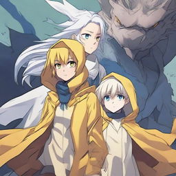 A light brown-skinned manga girl with yellow eyes and a long yellow raincoat is holding her white-haired and blue-eyed brother