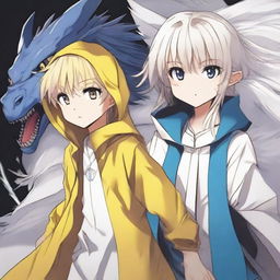 A light brown-skinned manga girl with yellow eyes and a long yellow raincoat is holding her white-haired and blue-eyed brother