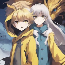 A light brown-skinned manga girl with yellow eyes and a long yellow raincoat is holding her white-haired and blue-eyed brother