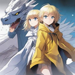 A light brown-skinned manga girl with yellow eyes and a long yellow raincoat is holding her white-haired and blue-eyed brother