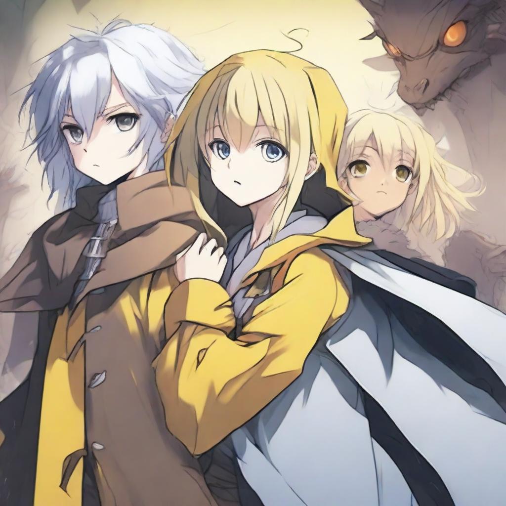 A light brown-skinned manga girl with yellow eyes and a long yellow raincoat is holding her white-haired and blue-eyed brother